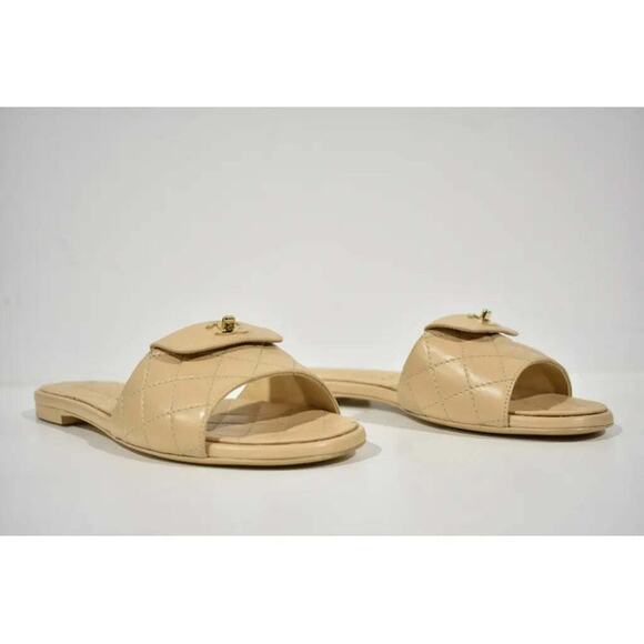 Chanel REV Beige Turnlock Quilted Gold CC Logo Mules Slide Sandal Flop Flat 37 - Picture 4 of 11
